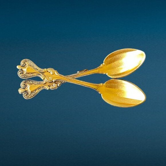 Vintage Gold Tone Spoon Brooch Tiny Fluted Double Spoons Victorian Revival Pin - Picture 4 of 6